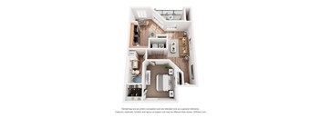 A 3D floor plan of a house with a kitchen, living room, and bathroom.