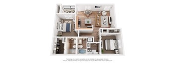 A 3D floor plan of a house with a kitchen, living room, and bathroom.