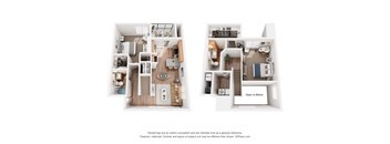 A floor plan of a two-story apartment with a kitchen, living room, and bedrooms.