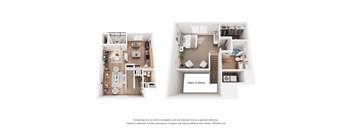 A 3D floor plan of a house with a kitchen, living room, and bathroom.