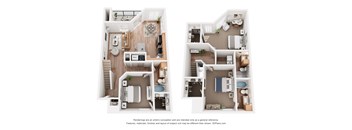 Two images of a 3D floor plan of a house with two bedrooms, a living room, a kitchen, and a bathroom.