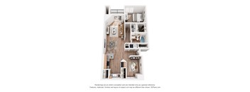 A 3D floor plan of a house with a kitchen, living room, and bathroom.