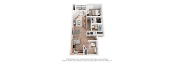 A 3D floor plan of a small apartment with a kitchen, living room, and bathroom.