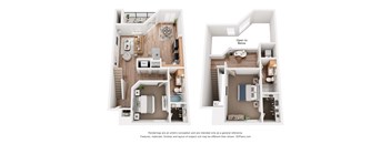 A floor plan of a two-bedroom apartment with a living room, kitchen, and bathroom.