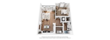 A 3D floor plan of a small apartment with a kitchen, living room, and bedroom.