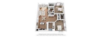 A floor plan of a two-bedroom apartment with a living room, kitchen, and bathroom.