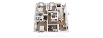 A floor plan of a two-bedroom apartment with a living room, kitchen, and bathroom.