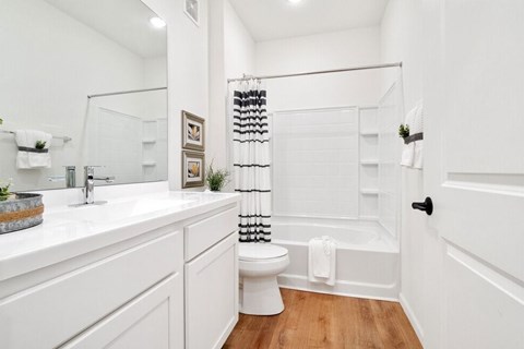 A white bathroom with a toilet and a shower.