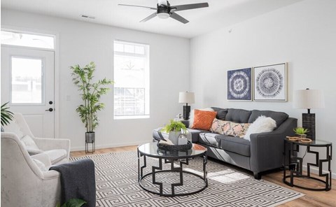 A living room with a grey couch, a black and white patterned rug, and a ceiling fan.
