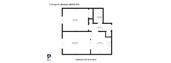 A floor plan of a one bedroom apartment in Moncton, NB.