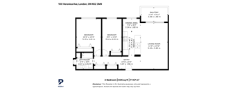 A black and white image of a floor plan for a 2 bedroom apartment.