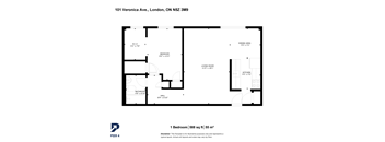 A black and white image of a floor plan for a 1 bedroom apartment.