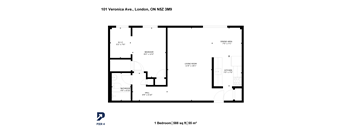 A black and white image of a floor plan for a 1 bedroom apartment.