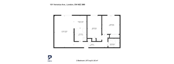 A black and white image of a floor plan for a 2 bedroom apartment located at 101 Veronica Ave., London, ON N5Z 3M9.
