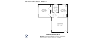 A black and white image of a floor plan for a one bedroom apartment.