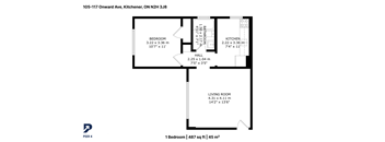 A floor plan for a one bedroom apartment at 105-117 Onward Ave, Kitchener, ON N2H 3J8.