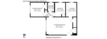 A floor plan for a two bedroom apartment measuring 725 square feet and 87 square meters.