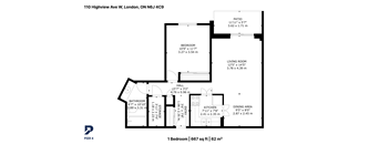 A floor plan for a one bedroom apartment at 110 Highview Ave W, London, ON N6J 4C9.