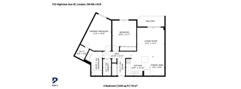A black and white image of a floor plan for a two bedroom apartment.