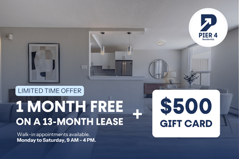 A promotional image for a limited time offer of a free month on a 13-month lease and a $500 gift card for a property at Pier 4.