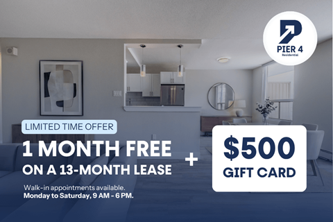 A promotional image for a 1 month free offer on a 13-month lease with a $500 gift card from PIER 4 Business.