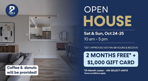 An open house is advertised for October 24-25 from 10 am to 5 pm, offering a 2-month free lease and a $1,000 gift card.