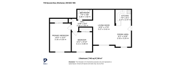 A floor plan for a 2 bedroom apartment sized at 740 sq ft or 69 m2.