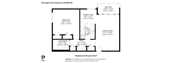 A floor plan for a 1 bedroom, 634 sq ft, 59 m2 apartment.
