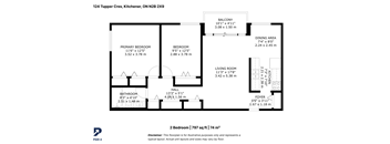 A black and white image of a floor plan for a 2 bedroom apartment.