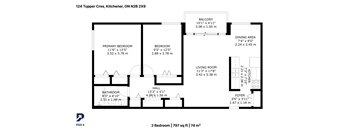 A floor plan for a 2 bedroom apartment with a living room, dining area, kitchen, and bathroom.