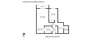 A floor plan for a one bedroom apartment measuring 707 sq ft or 66 m2.