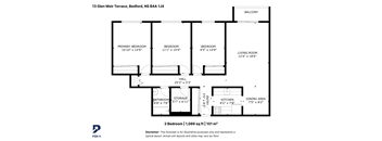 A black and white image of a floor plan for a 3 bedroom apartment.