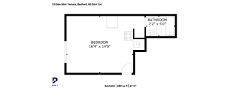 A floor plan of a bedroom with a bathroom, showing the size of each room.