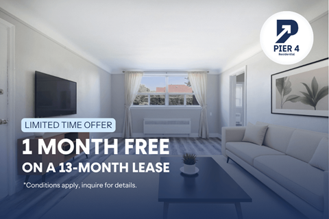 A living room with a 1 month free offer on a 13-month lease.