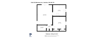 A black and white image of a floor plan for a one bedroom apartment.