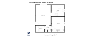 A floor plan for a one bedroom apartment at 1324-1332 Monterey Ave., Hamilton, ON L8K 1P4.