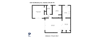 A floor plan for a two bedroom, 733 square foot, 68 square meter home.