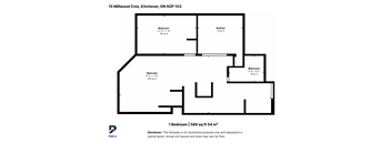 A floor plan of a 1 bedroom, 589 sq ft 54 m2 apartment.
