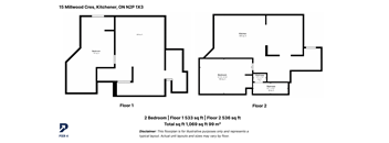 A floor plan for a two-story home with two bedrooms and a kitchen.
