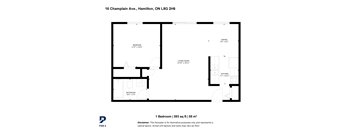 A floor plan for a 1 bedroom apartment at 16 Champlain Ave, Hamilton, ON L8G 2H6.