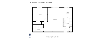 A floor plan of a one bedroom apartment at 16 Champlain Ave, Hamilton, ON L8G 2H6.
