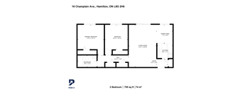 A floor plan for a 2 bedroom apartment at 16 Champlain Ave, Hamilton, ON L8G 2H6.
