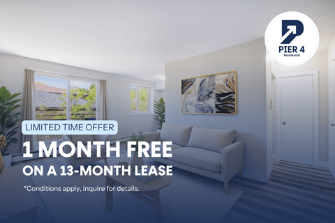 A room with a couch and a painting on the wall, advertising a free month on a 13-month lease.