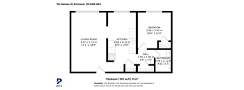 A floor plan for a one bedroom, 553 square foot apartment.