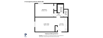 A floor plan for a one bedroom apartment measuring 653 sq ft (61 m2).