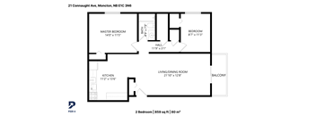 A floor plan for a 2 bedroom apartment at 21 Connaught Ave, Moncton, NB E1C 3N6.