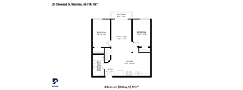 A drawing of a 2 bedroom, 12 sq ft, 57 m2 room with a balcony, living area, kitchen, and foyer.