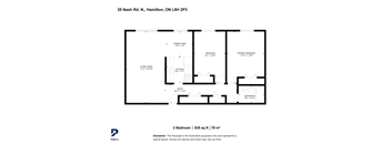 A floor plan for a 2 bedroom apartment sized at 835 square feet and 78 square meters.