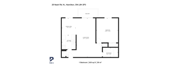 A floor plan of a one bedroom apartment at 25 Nash Rd. N., Hamilton, ON L8H 2P3.