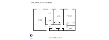 A black and white image of a floor plan for a 2 bedroom apartment.